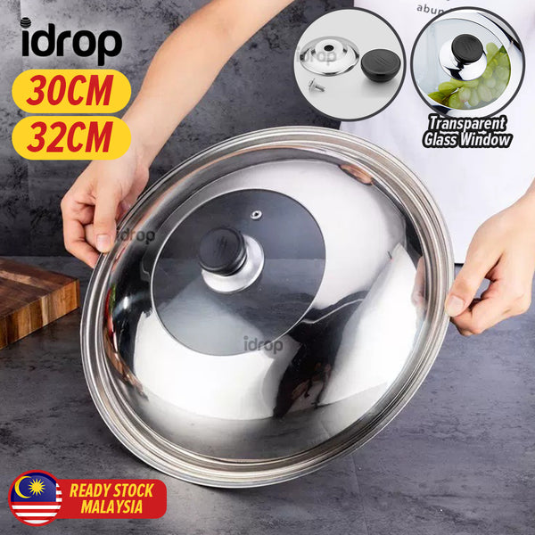 idrop [ 30CM / 32CM ] Stainless Steel Cooking Wok Pot Lid Cover Non Magnetic with Tempered Glass Window / Penutup Periuk Kuali Memasak / 30&32公分不锈钢无磁可视盖(盛利/顺友) (组合盖)