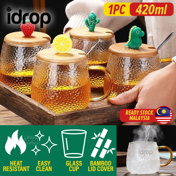 idrop [ 420ml ] High Temperature Resistant Drinking Glass Mug / Cawan Minum Kaca Tahan Panas / 锤纹冰川卡通玻璃杯420ML