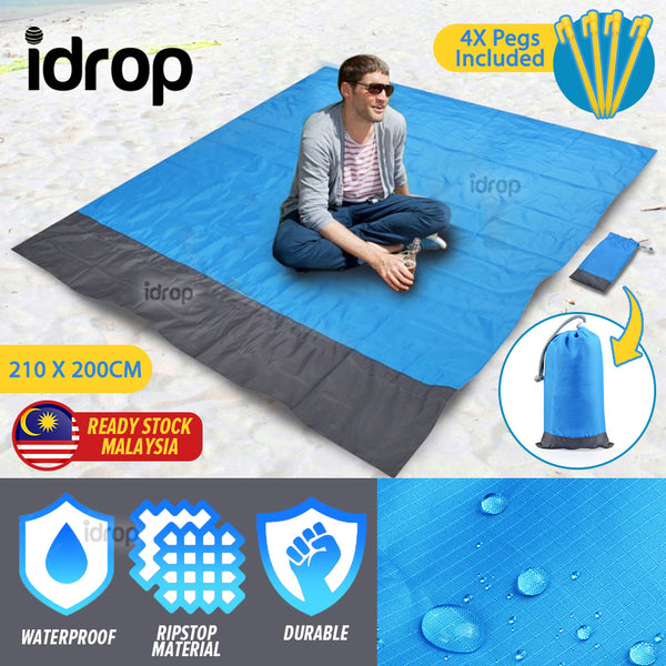 idrop [ 200 x 210CM ] Outdoor Waterproof Beach Blanket Portable Picnic Groundsheet / Alas Duduk Berkhelah Pantai Kalis Air / 单边灰款户外多功能便携口袋垫200*210CM(包含1个垫+4根地钉+束口袋+登山扣+OPP袋)