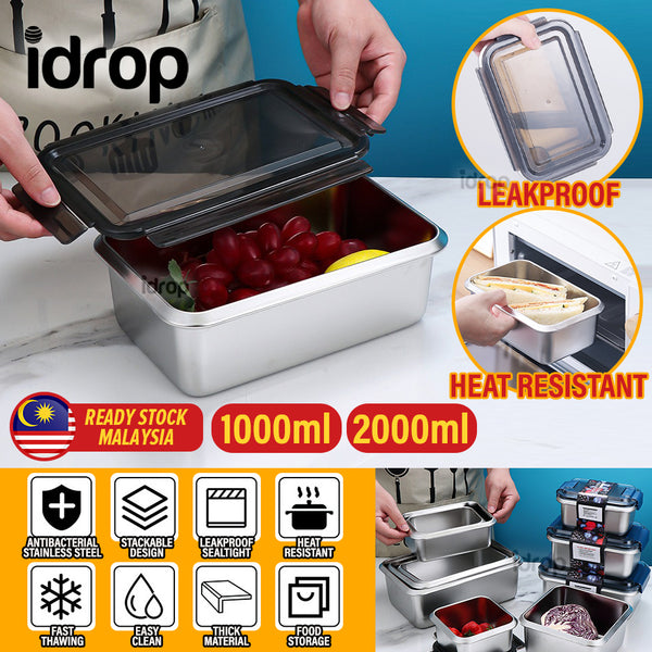 idrop [ 1000ml + 2000ml ] SUS316 Stainless Steel Antibacterial Rectangle Food Container Food Grade Heat Resistant Lunch Box / Bekas Makanan Keluli Tahan Karat Tahan Panas / 316材质抗菌不锈钢2件套保鲜盒长方形(1000ML+2000ML)