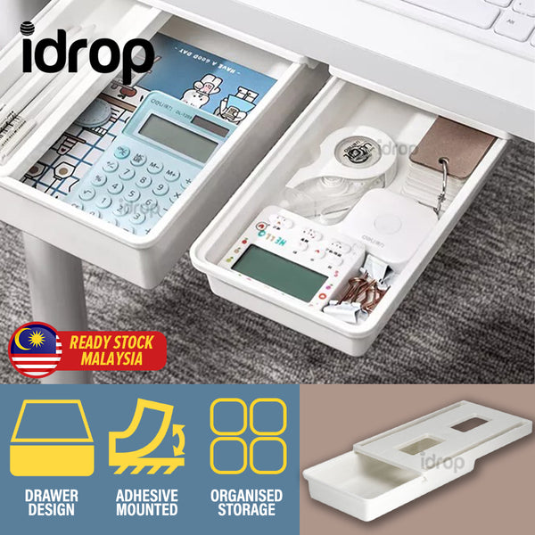 idrop Under Desk Punch Free Hidden Mounted Plastic Stationary Drawer for Home and Office / Laci Bawah Meja Senang Lekat Rumah dan Pejabat / 隐藏式安装塑料固定抽屉，适用于家庭和办公室