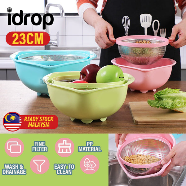 idrop [ 23CM ] Double Layer 360° Rotating Stainless Steel Drain Basket / Mangkuk Basuh Sayur / 360度旋转篮