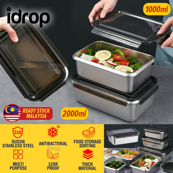 idrop [ 1000ml + 2000ml ] SUS316 Stainless Steel Antibacterial Freshkeeping Food Storage Lunchbox / Bekas Makanan Keluli tahan Karat / 316材质抗菌不锈钢2件套保鲜盒长方形