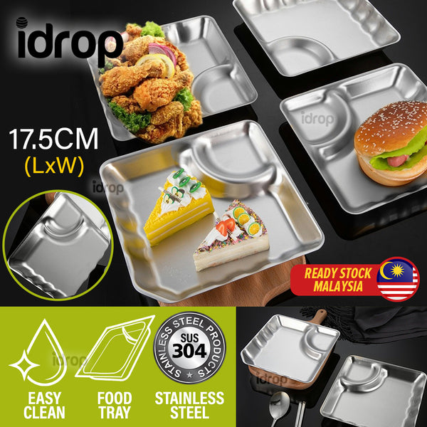 idrop Stainless Steel Food Tray Snack Plate SUS304 / Pinggan Makan Keluli Tahan Karat / 正方形304不锈钢格碟(饺子盘) [ 17.5 X 17.5 X 2.5CM ]