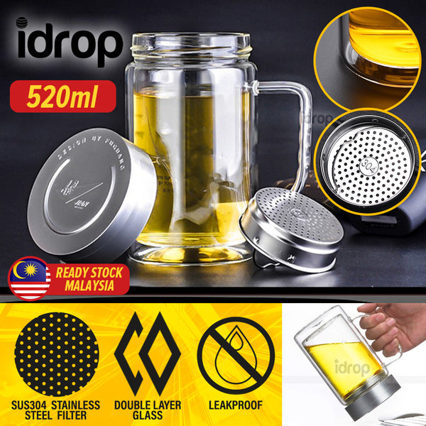 idrop [ 520ml ] Double Layer Glass Heat Insulation Drinking Cup with Stainless Steel Filter with Lid Cover / Cawan Gelas Minuman Penebat Haba / 带盖不锈钢过滤网双层玻璃隔热饮水杯