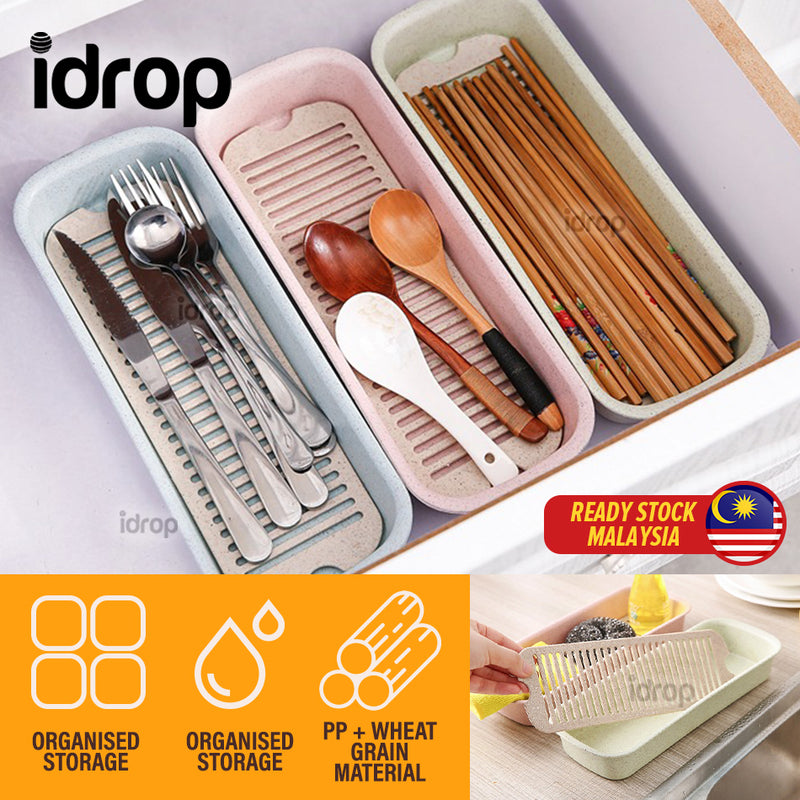 idrop Kitchen Tableware & Household Countertop Storage Box with Drainage Layer / Bekas Simpanan Barangan Perkakas Dapur & Rumah / 厨房沥水筷子笼平放塑料筷子餐具收纳盒筷子篓勺子多功能筷子篓架