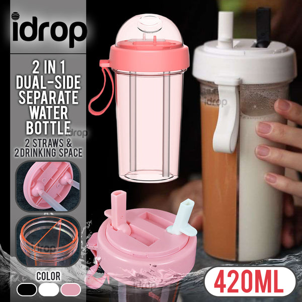 idrop 2 in 1 Dual-side Separate Portable Drinking Water Bottle + 2 Drink Straw