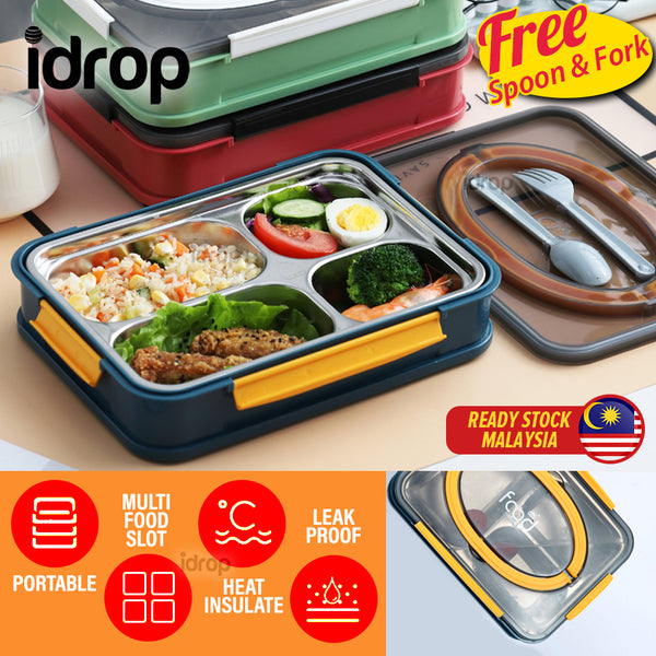 idrop Portable Leakproof Food Eating Lunchbox with Heat Insulation Inner Stainless Steel 4 Compartment Food Plate [ FREE SPOON & FORK ]