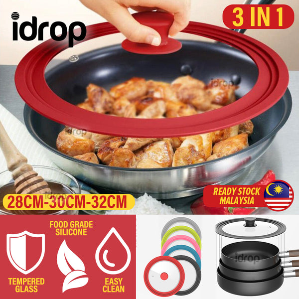 idrop [ 3 IN 1 ] 28-30-32CM Silicone & Tempered Glass Pot Lid Cover / Penutup Kaca & Silikon Periuk 3 Saiz / 【三合一】28-30-32CM硅胶钢化玻璃锅盖