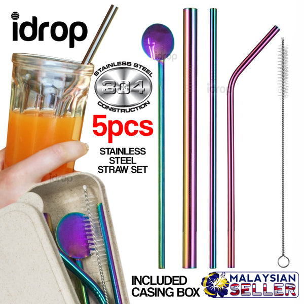 idrop 5pcs Stainless Steel Straw Set with Box Storage Casing