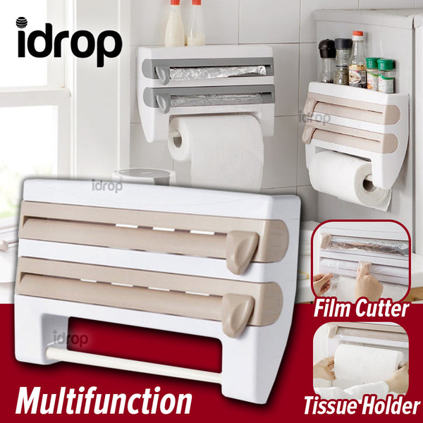 idrop Multifunction Wall Mounted Tissue Holder and Cling Film Aluminium Foil & Clear Plastic Wrap Cutter