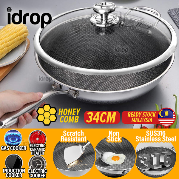 idrop [ 34CM ] Honeycomb Nonstick SUS316 Stainless Steel Cooking Wok with Glass Lid Cover / Kuali Memasak Keluli Tahan Karat / (内外蜂窝)(玻璃盖)34CM不粘炒锅(全印 316)