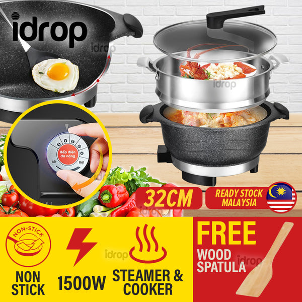 idrop [ 32CM ] 2 LAYER Nonstick Ceramic Cooking Hotpot & Stainless Steel Multifunction Steamer