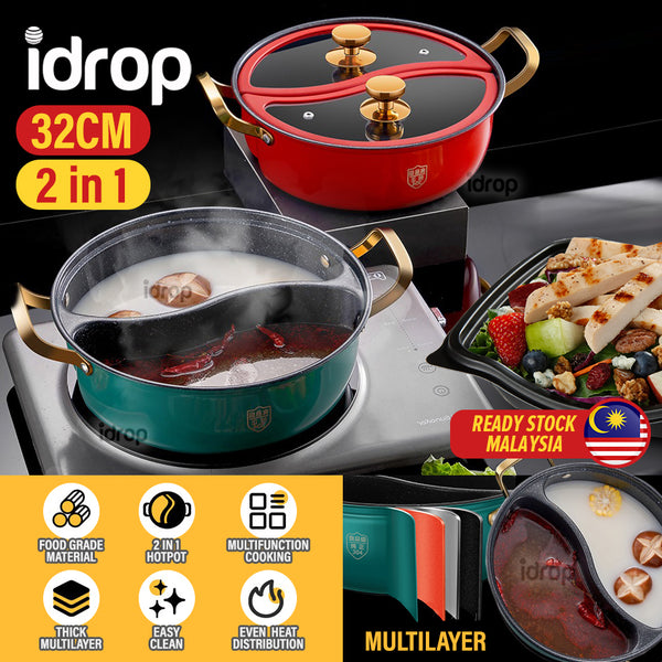 idrop [ 2 IN 1 ] Kitchen Mandarin Duck Hotpot Nonstick Maifan Stone Coating Stainless Steel 304  / Periuk Hot Pot Tidak Lekat Dua Dalam Satu / 32CM一体成型二味鸳鸯火锅304材 彩色