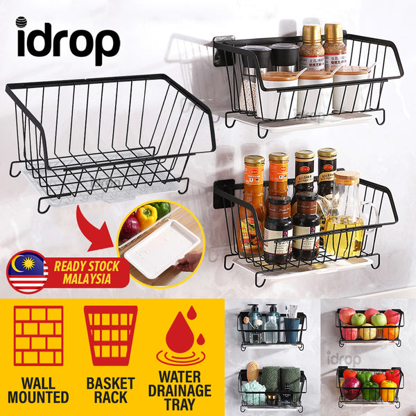 idrop Wall Mounted Kitchen Storage Steel Shelf Rack with Water Draining Tray