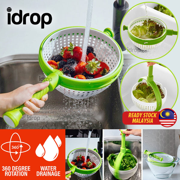 idrop 360° Degree Rotating Washing Rinsing & Draining Colander / Bekas Basuh Cuci Sayur dan Buah Senang Putar / 旋转蔬菜沥水器