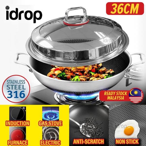 idrop [ 36CM ] Honeycomb Nonstick Stainless Steel SUS316 Cooking Wok with Full Lid Cover / Kuali Memasak Keluli Tahan Karat / 蜂窝不粘不锈钢SUS316炒锅半全盖