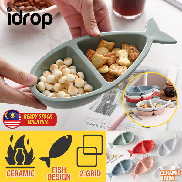 idrop [ 2 Grid ] Fish Shape Design Ceramic Plate / Pinggan Seramik Bentuk Ikan / 陶瓷碟鱼形分格陶瓷碟(2格)23*11CM