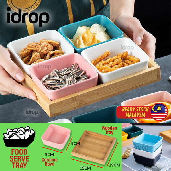 idrop Japanese Style Wooden Serving Tray & Ceramic Square Bowl / Dulang Hidangan Kayu Gaya Jepun & Mangkuk Persegi Seramik / 4格小方碗木板托盘 (9*9CM碗 19*19CM托盘)