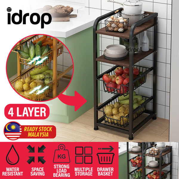 idrop 4 LAYER Multilayer Kitchen Storage Rack Shelf Drawer Basket