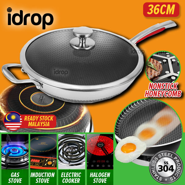 idrop [ 36CM ] SUS304 Stainless Steel Double Sided Fill Flower Handle Without Rivet Cooking Wok / Kuali Memasak / SUS304不锈钢双面花柄无铆钉炒锅