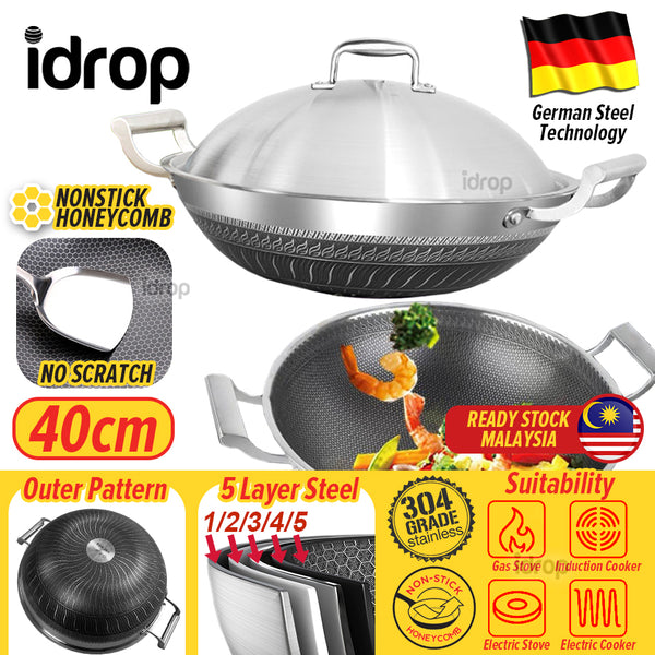 idrop 40CM  SUS304  Stainless Steel Kitchen Non Stick Honeycomb Cooking Frying Wok with Lid Cover