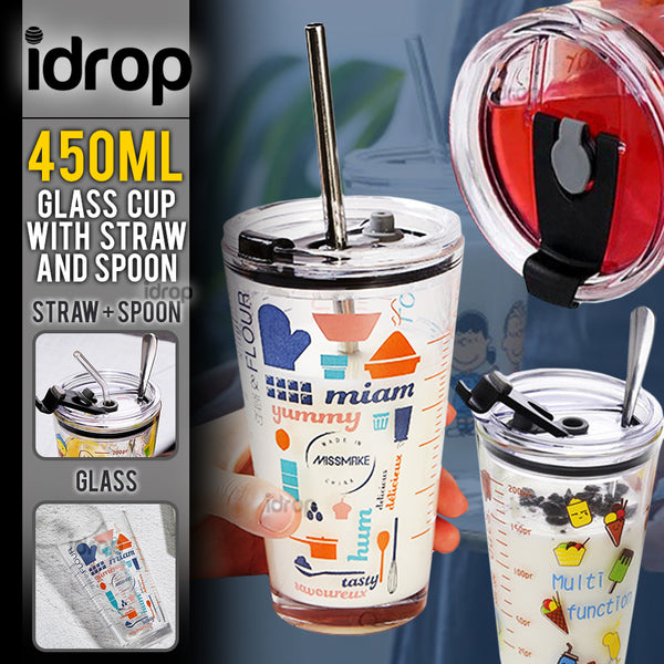 idrop 450ml Drinking Glass Cup + Straw & Spoon