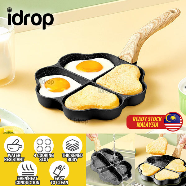 idrop Nonstick 4 Leaf Clover Shape Frying Pan Skillet [ 4 Slot ] / Pemanggang Tidak Lekat Bentuk Daun Clover / 麦饭石爱心四孔煎蛋锅平底不粘蛋饺锅早餐鸡蛋汉堡煎锅厨用品小锅