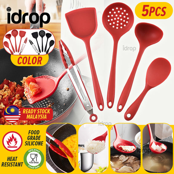 idrop [ 5PCS ] Kitchen Silicone Cooking Utensil Set / Set Dapur Alat Memasak / 硅胶厨具5件套(红黑混 )