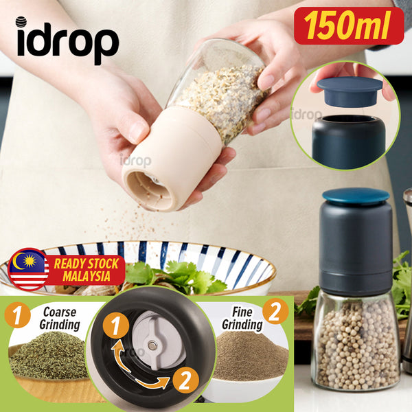 idrop [ 150ml ] 2 IN 1 Pepper & Seasoning Storage and Grinder Glass Bottle with Adjustable Fine and Coarse Grinding