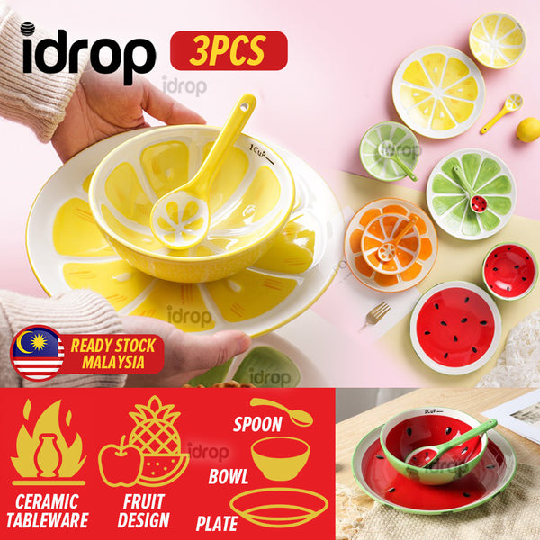 idrop [ 3PCS Set ] Ceramic Fruit Design Tableware Bowl Plate Spoon / Set Mangkuk Pinggan dan Sudu Seramik / 陶瓷套装 陶瓷水果三件套(5"碗,8"盘,1勺 子)