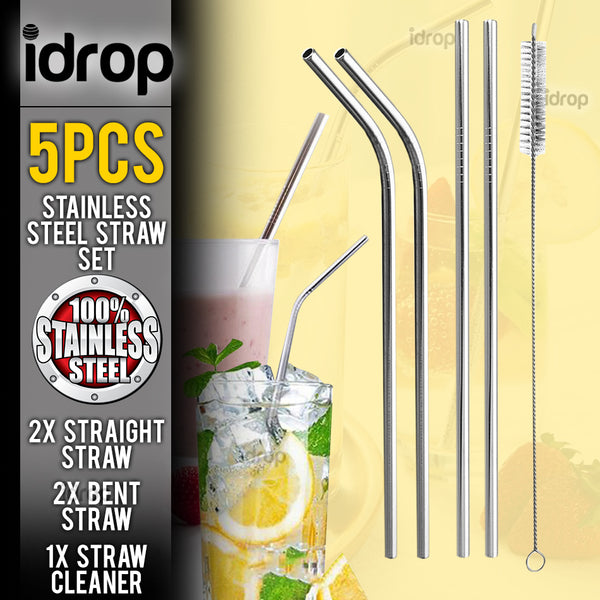 idrop 5pcs Stainless Steel Straw Set [ 2 Straight Straw + 2 Bent Straw + 1 Straw Cleaner ]