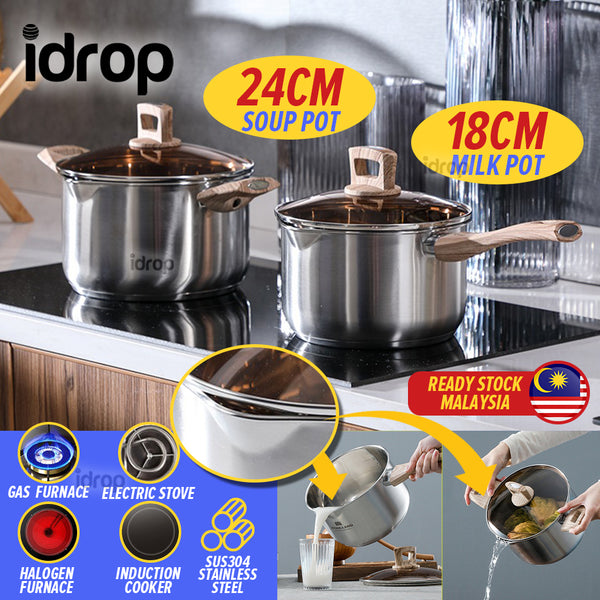 idrop [ 18CM / 24CM ] SUS304 Stainless Steel Milk Pot & Soup Pot with Composite Bottom / Periuk Masak Susu & Sup Keluli tahan Karat / 18CM不锈钢慕森奶锅 24CM不锈钢慕森汤锅 (304)