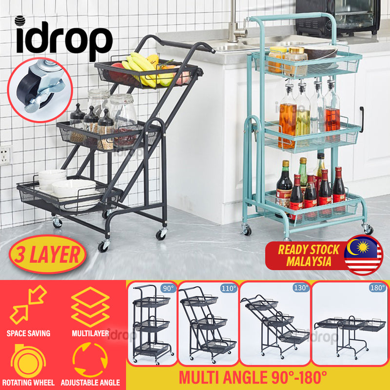 idrop [ 3 LAYER ] Multilayer Adjustable Angle Storage Trolley Rack Shelf [ 90°~180° ] / Rak Troli Pelbagai Sudut 3 Lapisan / 多功能三层可移动杂物架(三层 可落地手推车)