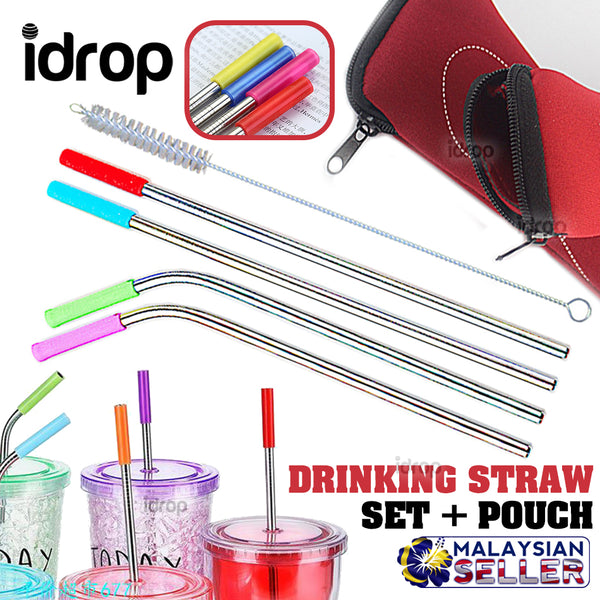 idrop Stainless Steel Silicone Tip 6mm Drinking Straw Set + Straw Pouch