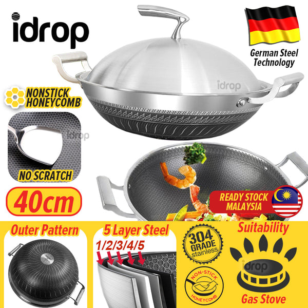 idrop 40CM Kitchen Honeycomb Non Stick Cooking Frying Wok SU304 Stainless Steel with Lid Cover