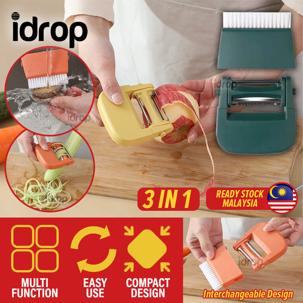 idrop [ 3 IN 1 ] Multifunction Kitchen Scrubber Slicer & Shredder / Alat Dapur Penghiris Pemotong Pencuci Pelbagai Guna / 瓜刨带刷子(刨刀)