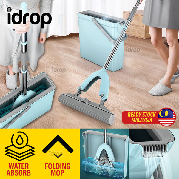 idrop Water Absorbent Double Fold Sponge Mop with Bucket / Mop Pencuci Lantai Cepat Serap Air dengan Baldi / 吸水海绵拖把对折式挤水懒人地拖布家用胶棉拖把头免手洗干湿两用