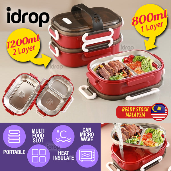 idrop [ 1 LAYER(800ml) / 2 LAYER(1200ml) ] Portable Lunch Box with Stainless Steel Multi Compartment Food Eating Tray