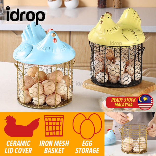 idrop Ceramic Chicken Egg Storage Wire Basket / Ayam Seramik Bekas Penyimpanan Telur / 陶瓷红鸡冠配金色直筒网篮