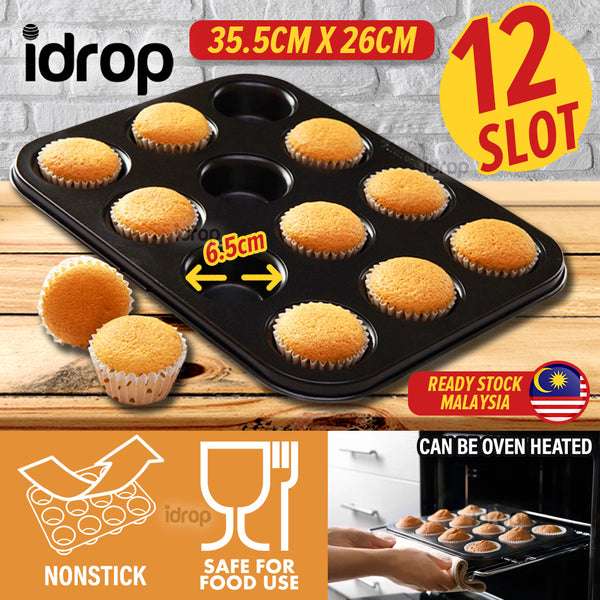 idrop [ 12 Slot ] Nonstick Coating Muffin cake Baking Cooking Pan Tray [ 35.5CM X 26CM ]