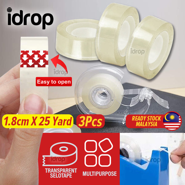 idrop [ 3PCS ]1.8CM  OPP Selotape Transparent Tape / Pita Lekat Lutsinar / 透明胶带 [ 1.8cm X 25 yard ]