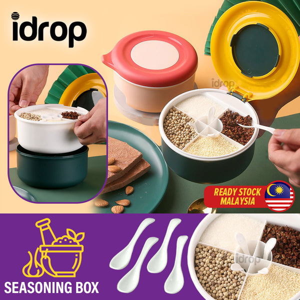 idrop Multi Compartment Grid Seasoning Storage Box with Spoons / Kotak Simpan Rempah Ratus / 美之扬四格塑料调味盒