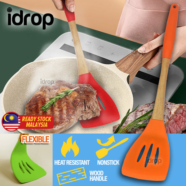 idrop Kitchen Nonstick Silicone Cooking Spatula with Wooden Handle / Spatula Dapur Memasak Dengan Pemegang Kayu / 厨房不粘硅胶木柄烹饪锅铲