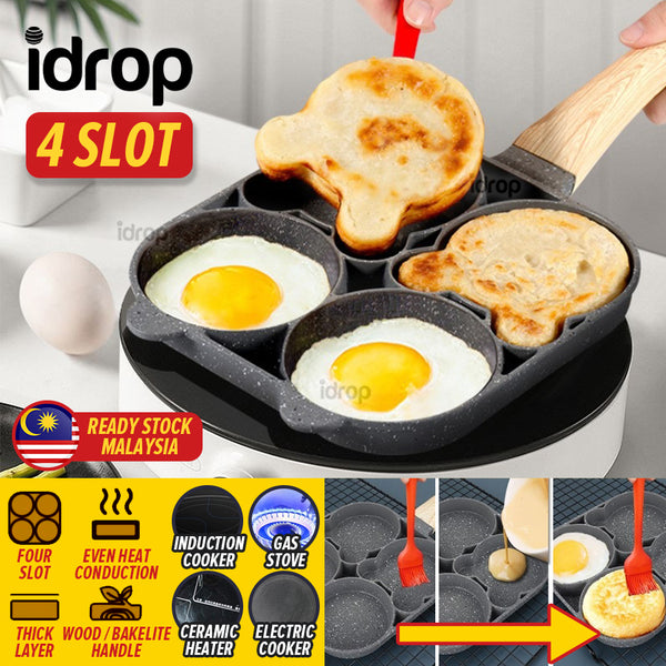 idrop [ 4 SLOT ] 4 IN 1 Egg Omelette Burger & Pancake Frying Pan / Kuali Masak Telur dan Burger / 电磁炉燃气两用4格鸡蛋煎盘 (2圆形2小熊)