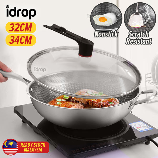 idrop [ 32 / 34CM ] Inner Honeycomb Nonstick Scratch Resistant Cooking Wok Frying Pan / Periuk Kuali Memasak Tidak Lekat / 32CM/34CM内蜂窝单柄特厚不粘炒锅(可立玻璃盖 )