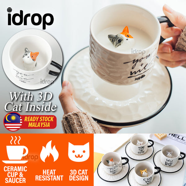 idrop CUTE CAT IN CUP Ceramic Coffee Cup with Saucer / Cawan Minum Kucing 3D & Piring / 陶瓷杯 立体猫咪英文陶瓷咖啡杯碟