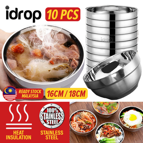 idrop [ 10pcs ] Heat Insulation Stainless Steel Eating Bowl / Mangkuk Makan Keluli Tahan Karat / 不锈钢保温餐碗 [ 16cm / 18cm ]