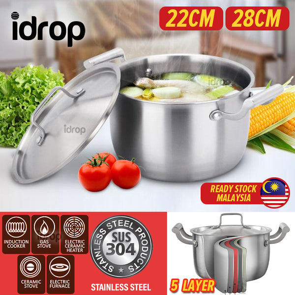 idrop [ 22CM / 28CM ] 5 Layer Stainless Steel SUS304 Soup Pot with Full Steel Lid Cover / Periuk Masak Sup Keluli Tahan Karat / 22CM-28CM五层钢汤锅(钢盖)(304免水蒸多用锅)