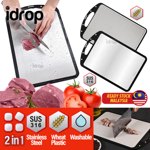 idrop 2 IN 1 Double Sided Multifunction SUS316 Stainless Steel & Wheat Plastic Kitchen Cutting Chopping Board